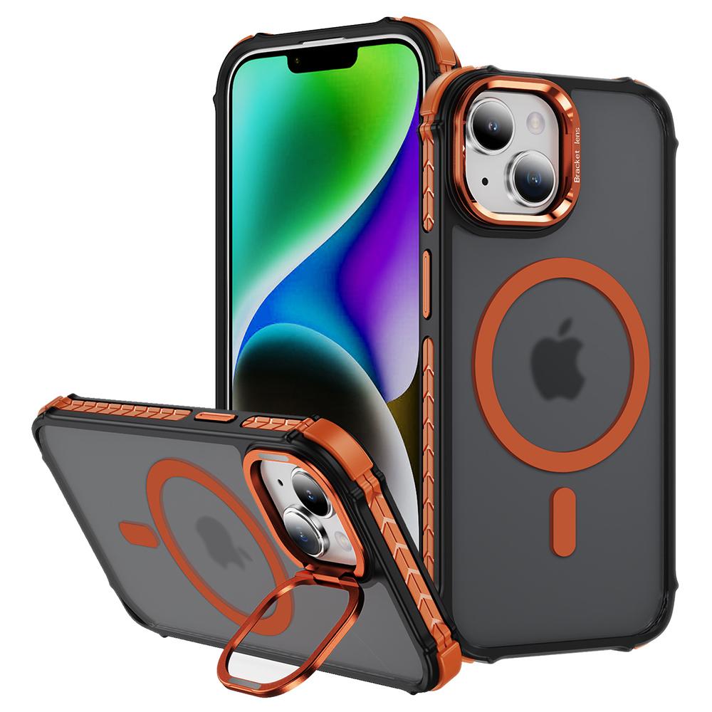 

For iPhone 14 Case with Lens Kickstand Matte Back Cover Compatible with MagSafe Orange