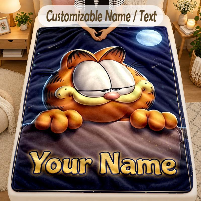Flannel BlanketGarfield Custom Name Text Personalized Soft Warm Throw Blanket Home Decor Gift