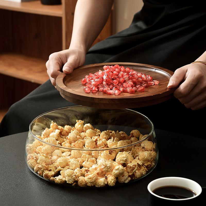 Glass Food Storage Fruit Tray with Wooden Cover Nut Candy Fruit Organizer for Coffee Table Dry Fruit Bowl Kitchen Storage