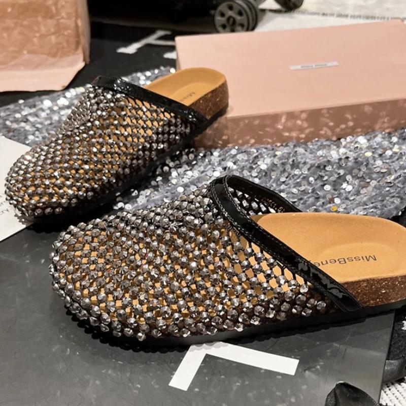 

Хрустальные женские балетки, тапочки, повседневные мюли, босоножки-слингбэки, летняя новинка 2025, пляжные женские шлепанцы 40 чёрный