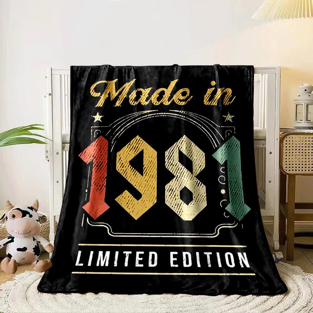 Vintage-themed text reads Made in 1981 Limited Edition, with bold colors. for all seasons blanket lunch break throw gift 80cm x 120cm