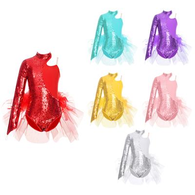 Børn Piger Jazz Latin Dansekjole Skinnende Paljetter Langærmet Høj Hals Ballet Dansekostume Leotard Jumpsuit