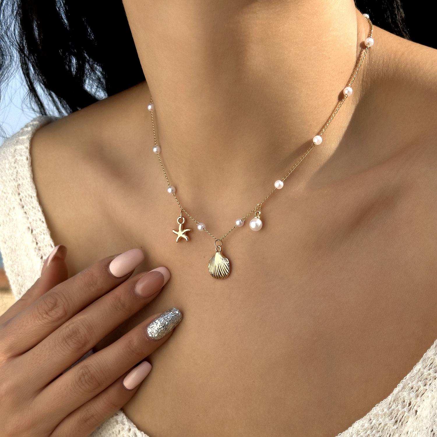 

Bohemian Starfish Shell Pendant Necklace For Women Beach Choker Pearl Chains Neck Girls Travel Party Summer Jewelry Gift