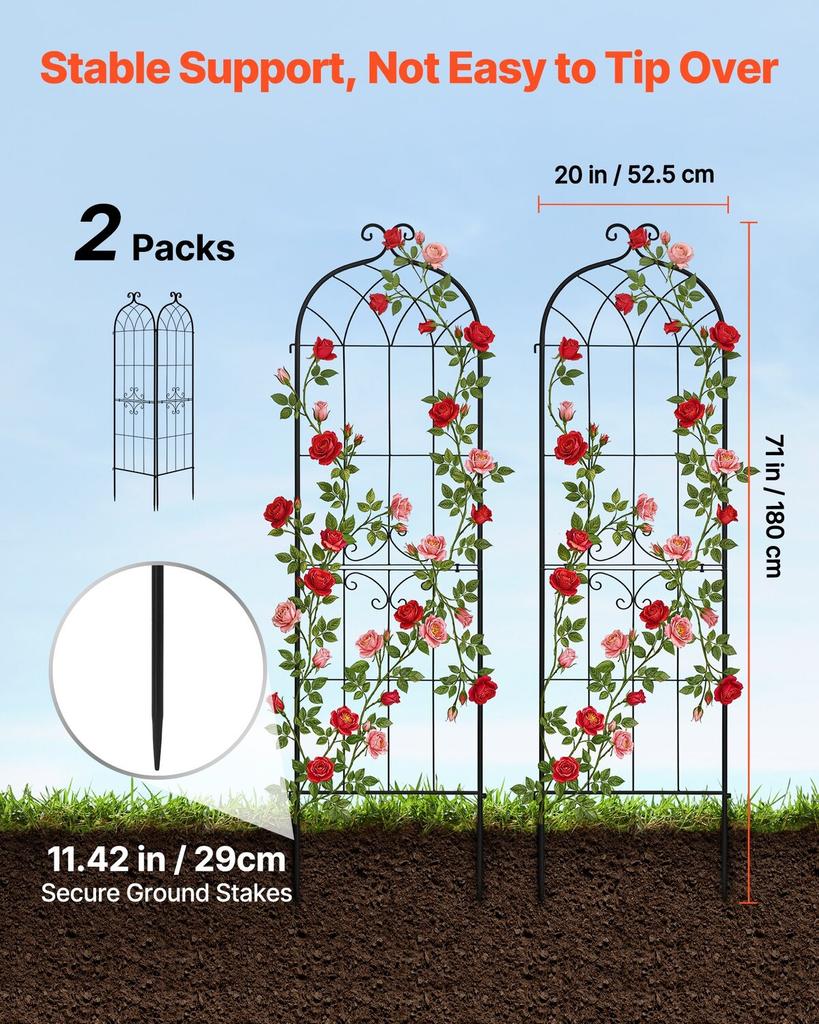 Garden Trellis, 180 x 52.5 cm Rose Trellis, 2 Packs Garden Flower Rose Trellises with Powder-Coated Finish & Convenient Locking Design, Plant Support