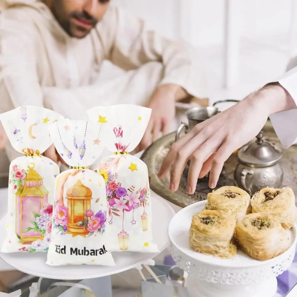 50-500PCS Ramadan Holiday Flat Pouch Set 3 in 1 Flower Crescent Pattern Eid Mubarak Candy Favor Party Gift Bag