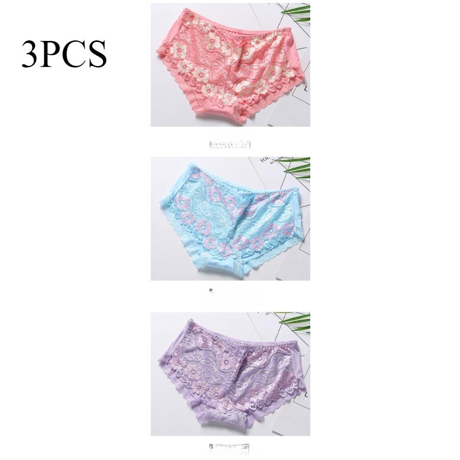 3pcs 4pcs/set Sexy Hollow Lingerie Lace Patchwork Knickers Soft Mid Waist Women's Underwear for Girls Panties
