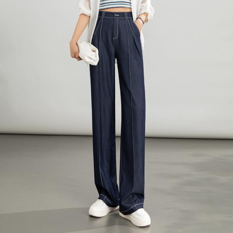 Spring and summer versatile drape pants popular bright line design high waist wide leg pants women's thin Fang denim line straight pants
