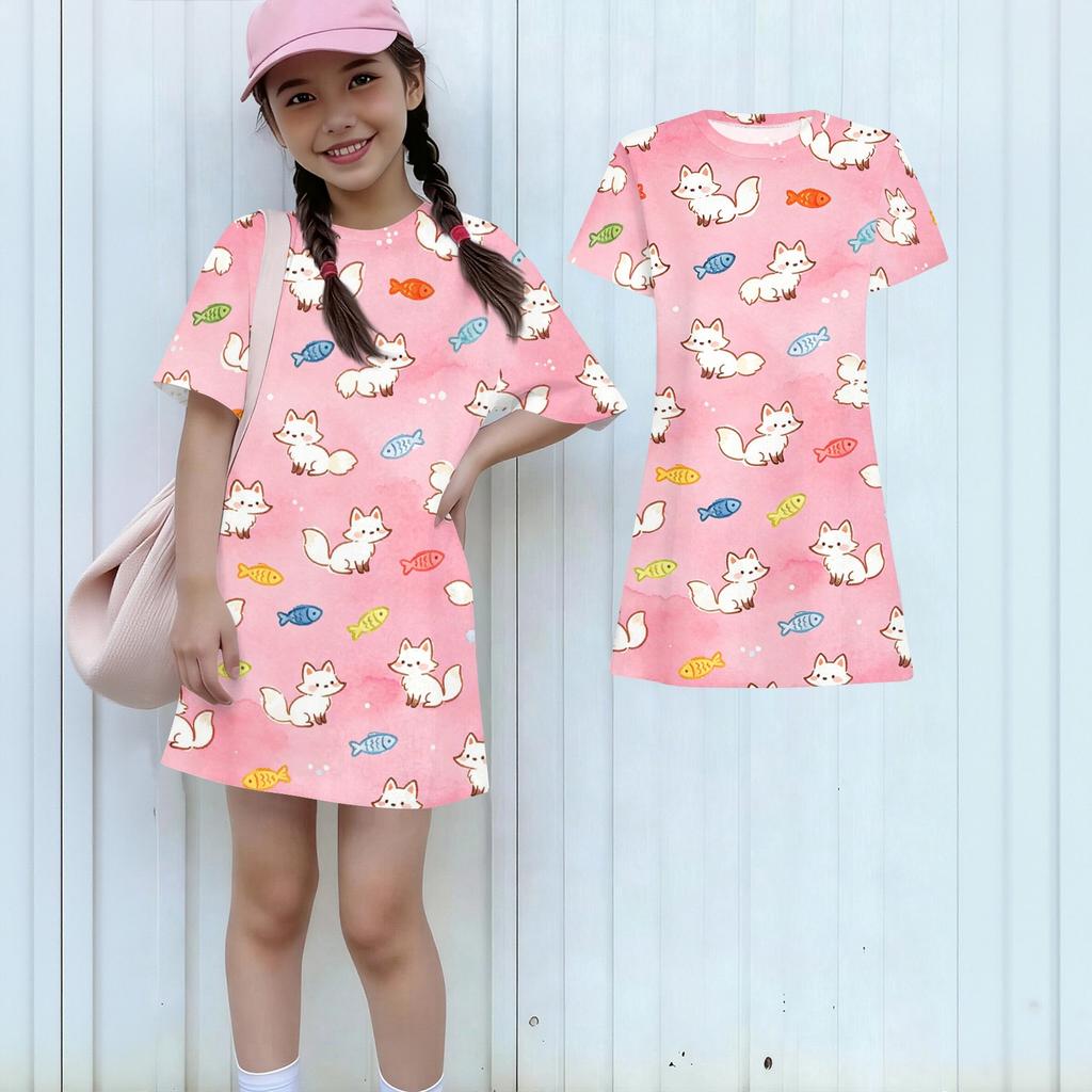 Girls Loose Fit Short Sleeve Dress Lightweight Cotton Animal Print Round Neck Kids Casual Summer Dress for Children