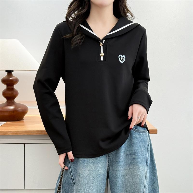 2026 Spring Plus Size Women's Sailor Collar Embroidered Hoodie - Long Sleeve, Casual Fashion for Chubby Girls
