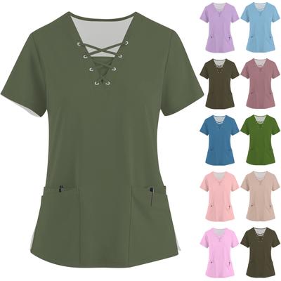 Modische Damen-Arbeitskleidung mit V-Ausschnitt, kurzen Ärmeln, Kordelzug und Taschen, einfarbige Oberteile und Schutzkleidung