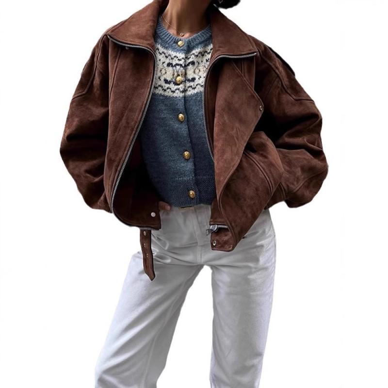Womens Brown Short Loose Jacket Vintage Aesthetic Casual Fashion Outerwear