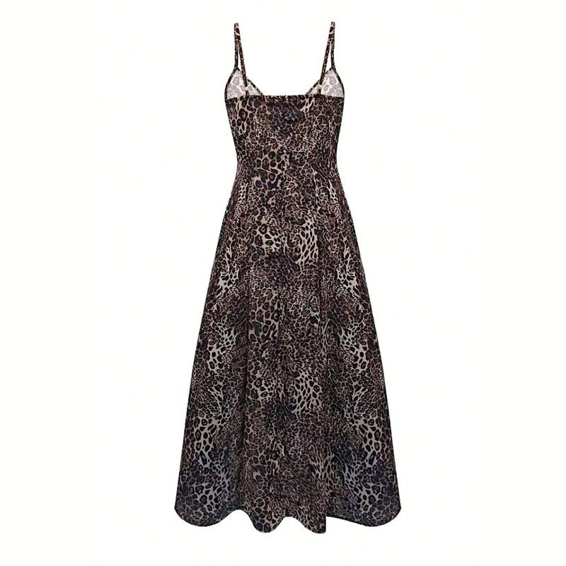 Women Summer Strap Deep V Neck Leopard Printed Loose One Piece Dress