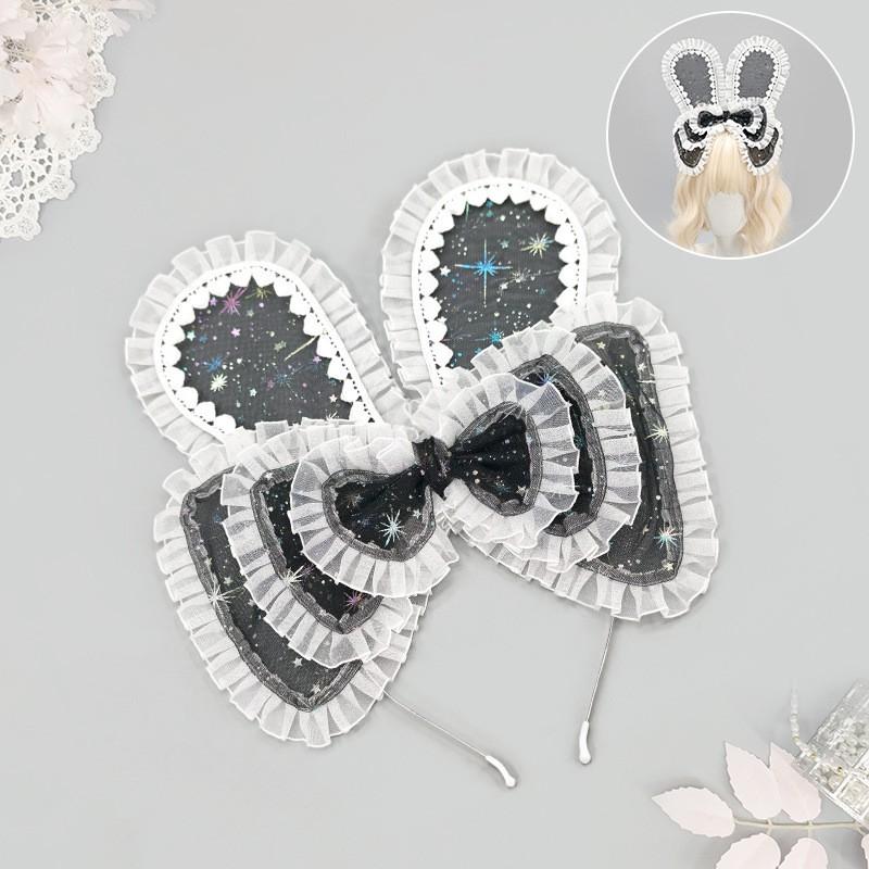 Handmade Lolita Rabbit Ear Headband With Tulle Bow Soft Plush Ears Sweet Kawaii Style Hair Accessory