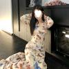 Retro butterfly print ice silk long-sleeved dress women's autumn new slim and thin temperament hip skirt