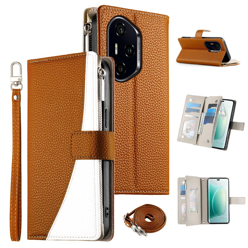 For Honor 300 Pro Case Zipper Wallet Color Splicing Leather Flip Phone Cover with Straps