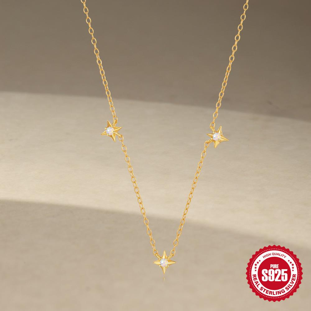 S925 Sterling Silver Daily Wear Wind Four Cornered Star Opal Tassel Versatile Necklace Clavicle Chain
