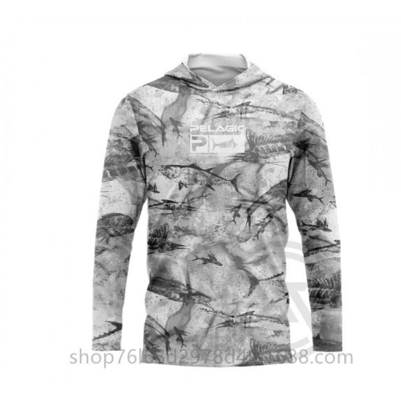 Mens Quick-Dry Ice Silk Long Sleeve Fishing Shirt UPF50 Sun Protection Hooded Tee With Integrated Face Cover