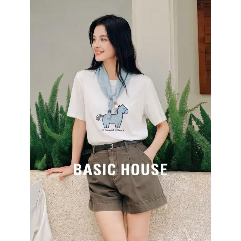 Basic House Women s Embroidered Round Neck Short Sleeve T-Shirt One Size