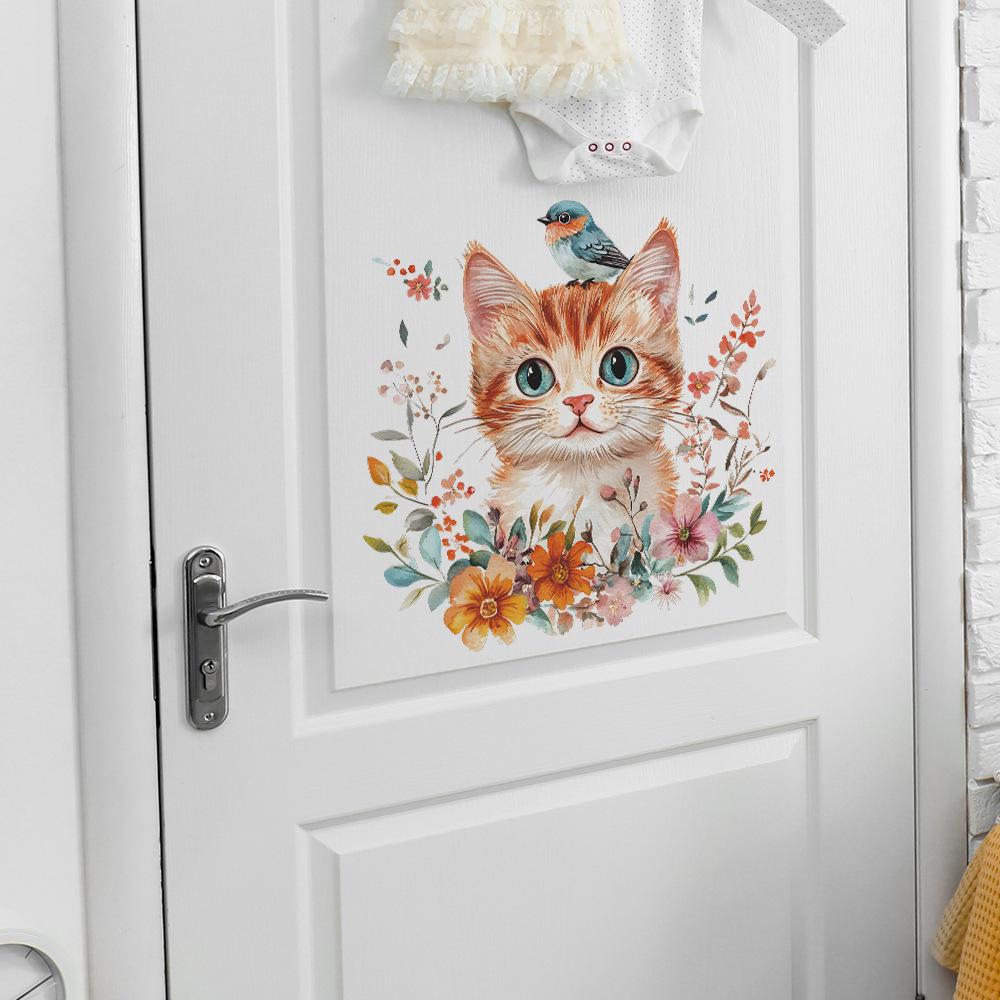 Self Adhesive Wall Stickers with Cute Cat Flowers and Birds Peel and Stick Removable Vinyl Decals for Home Decor