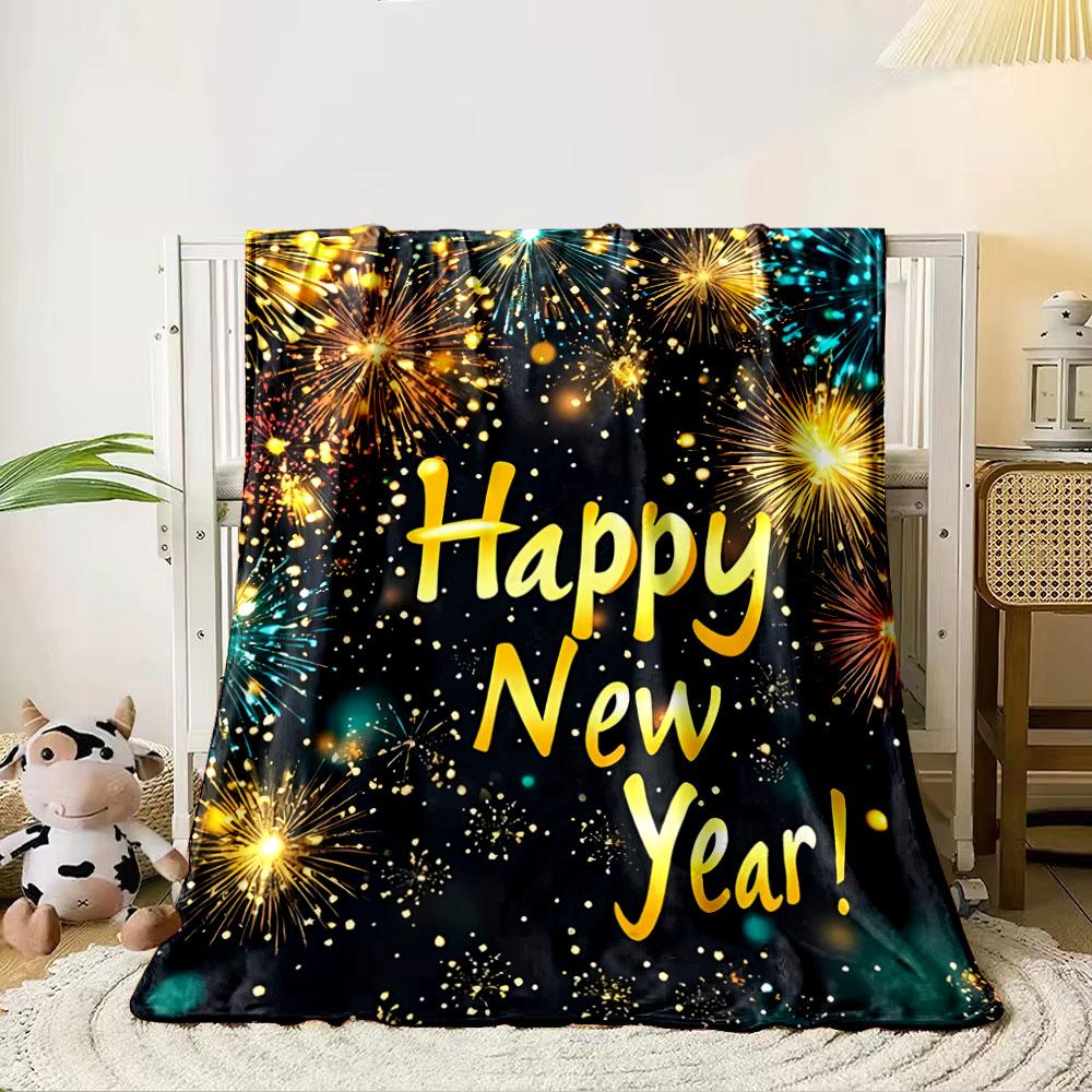 Bright fireworks and  Happy New Year!  text on a festive, dark background. for all seasons blanket lunch break throw gift 80cm x 120cm