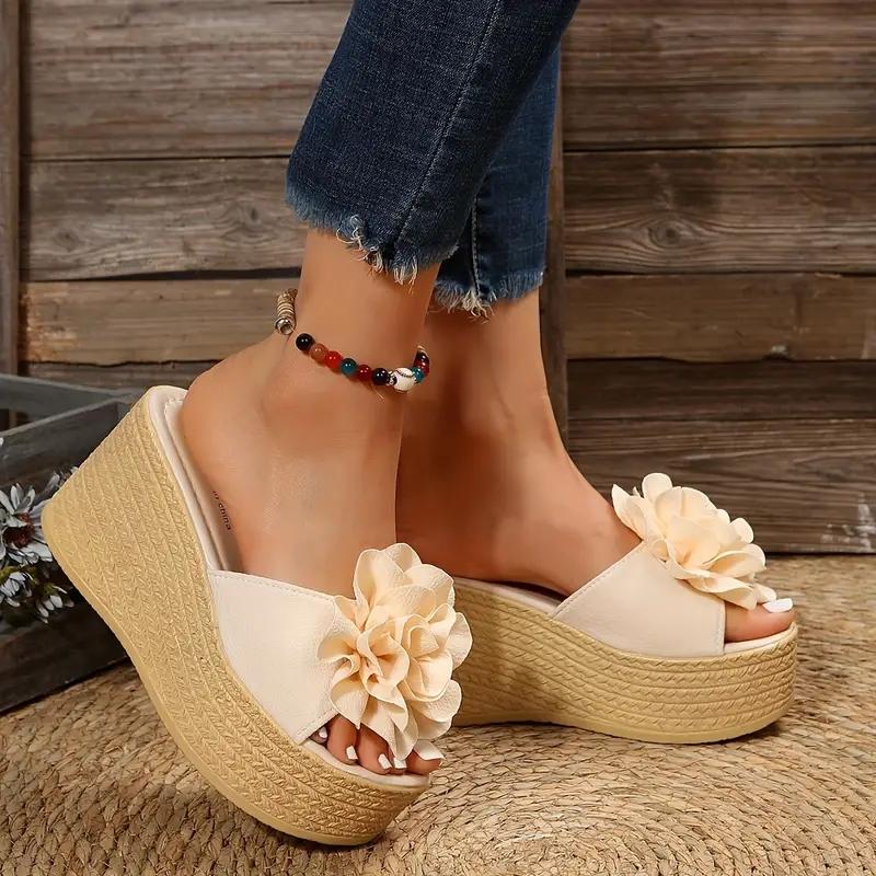 Fashion Aphixta Green Baby Pink New 3.54 Inch Hight Wedge Heels Appliques Flowers Platform Slides Women