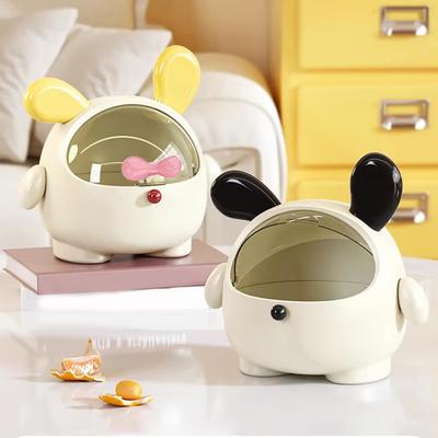 Storage Box with Transparent Sliding Cover Organizer Cute Cartoon Ear Design Tidy Box for Desktop Organization