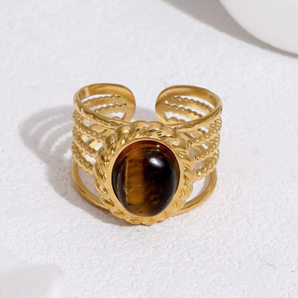 Metal Finger Open Rings Gold Color Geometric Rings Vintage Tiger Eye Stone Ring Women