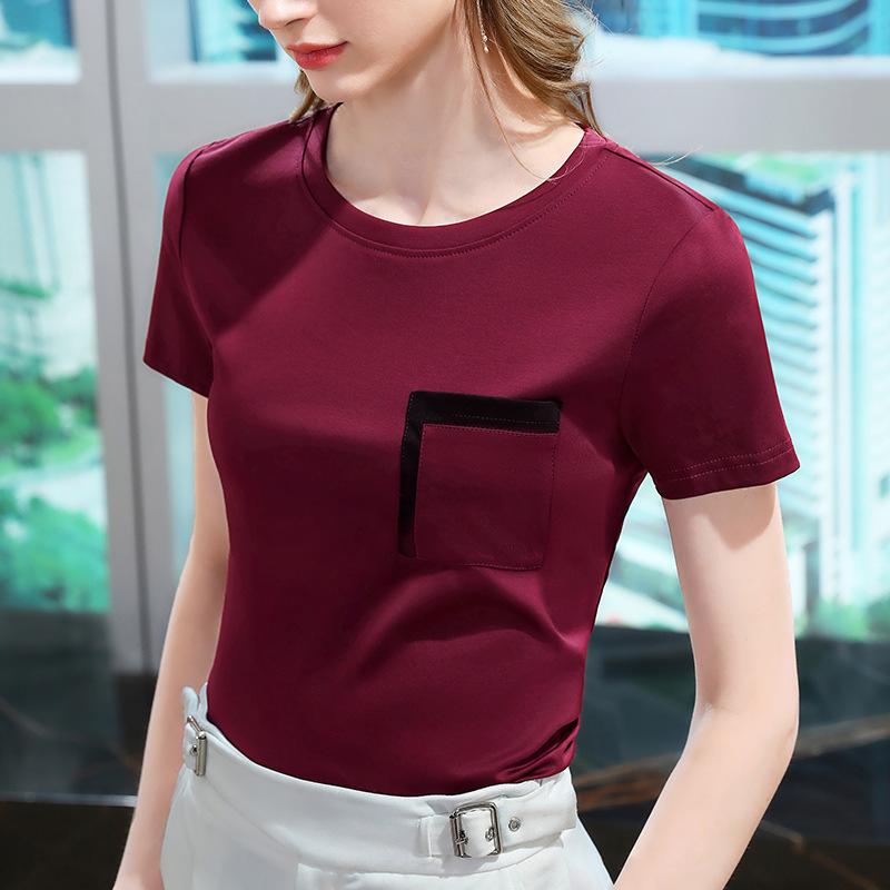 Women's Cotton Stitching Contrast Color T-shirt Spring and Summer New Slim Round Neck Thin Top