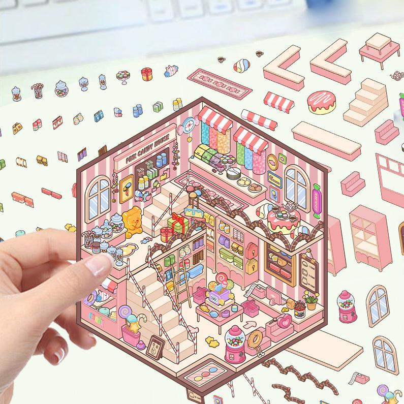 Cartoon Landscape Sticker Pink Candy House Miniature World 3D House Unzip DIY Scene Manual Post