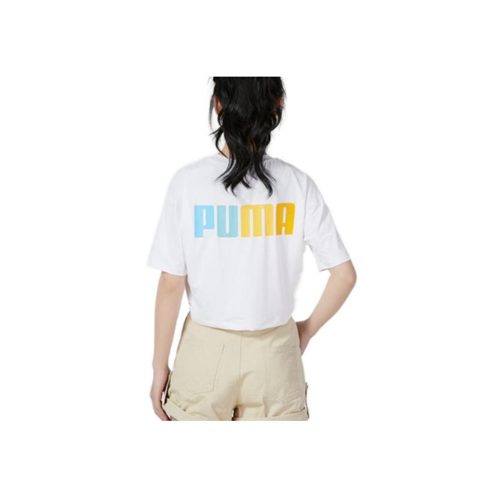 PUMA Back Logo Print Round Neck Short Sleeve T-Shirt Women Tops White 678010-02