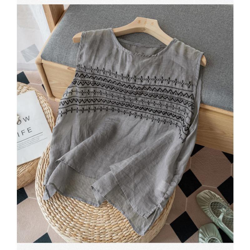 Womens Linen Cotton Embroidered Blouse Casual Sleeveless Geometric Print Tank Top