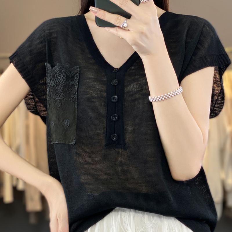 

Новый летний свитер из льна с бамбуковым узором, с V-образным вырезом, с короткими рукавами, для женщин, модный, свободный, универсальный топ с рукавами «летучая мышь» и карманом M