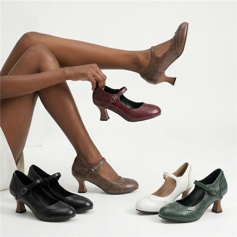 Dames hoge hakken lente en zomer nieuwe dunne hak retro gesp lichte mond enkele schoenen grote maat lage schoenen