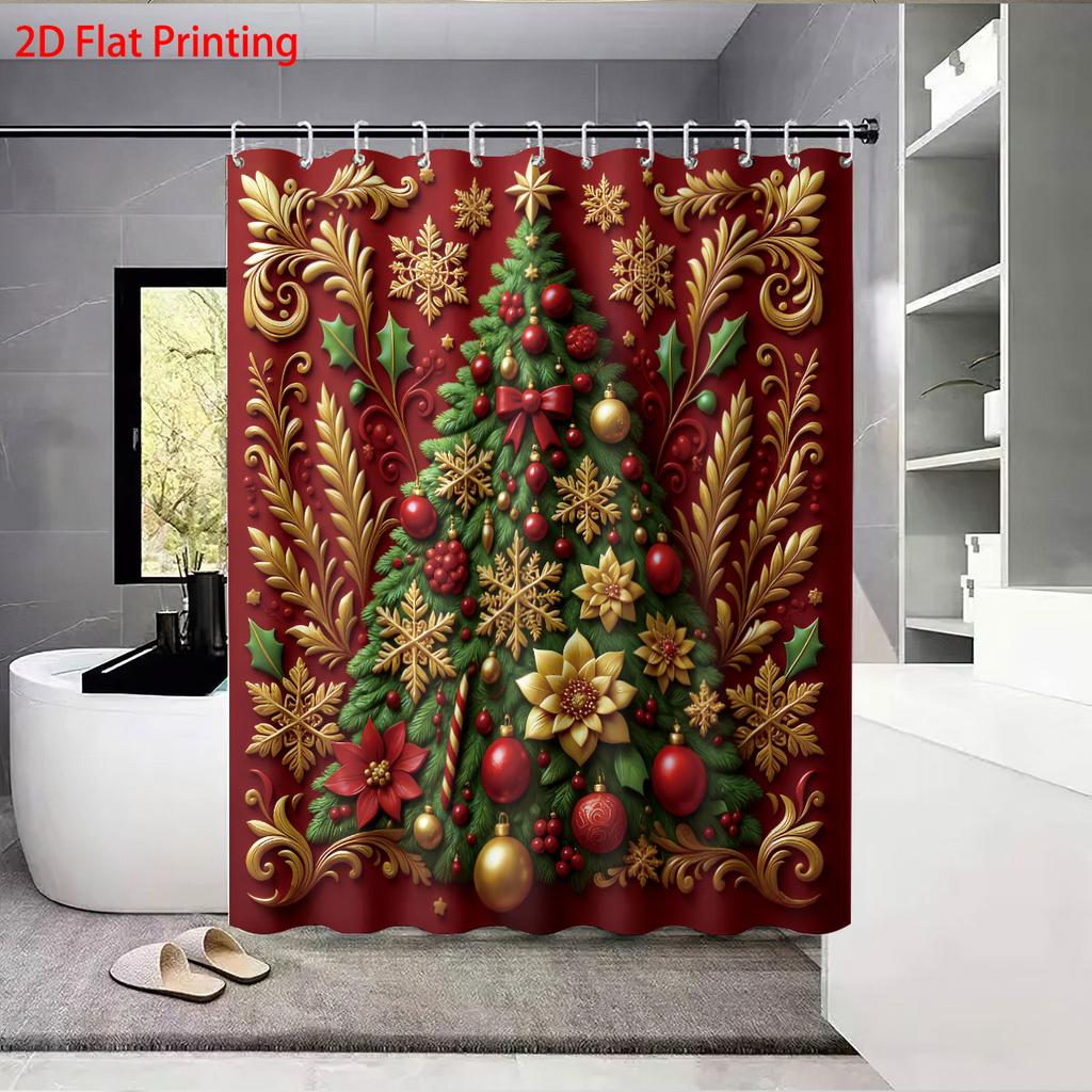 1pc red Christmas tree print waterproof shower curtain partition privacy hanging curtain, with 12 hooks, easy to install