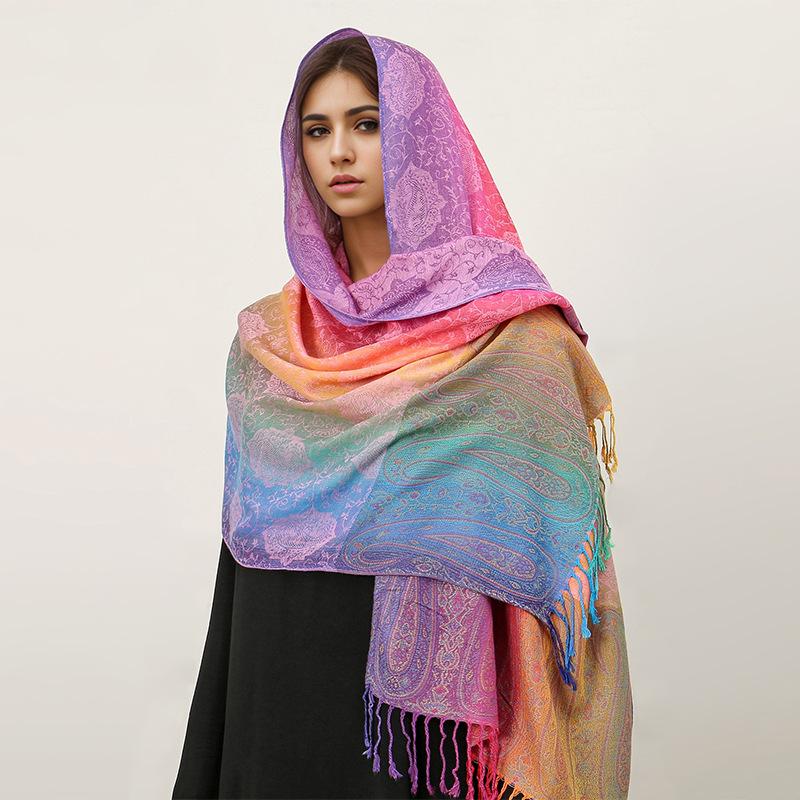 Ethnic Style Color Cashew Embroidery Rainbow Gradual Change Fringed Scarf Long Scarf Travel Photo Shawl Women'S Bag Headscarf