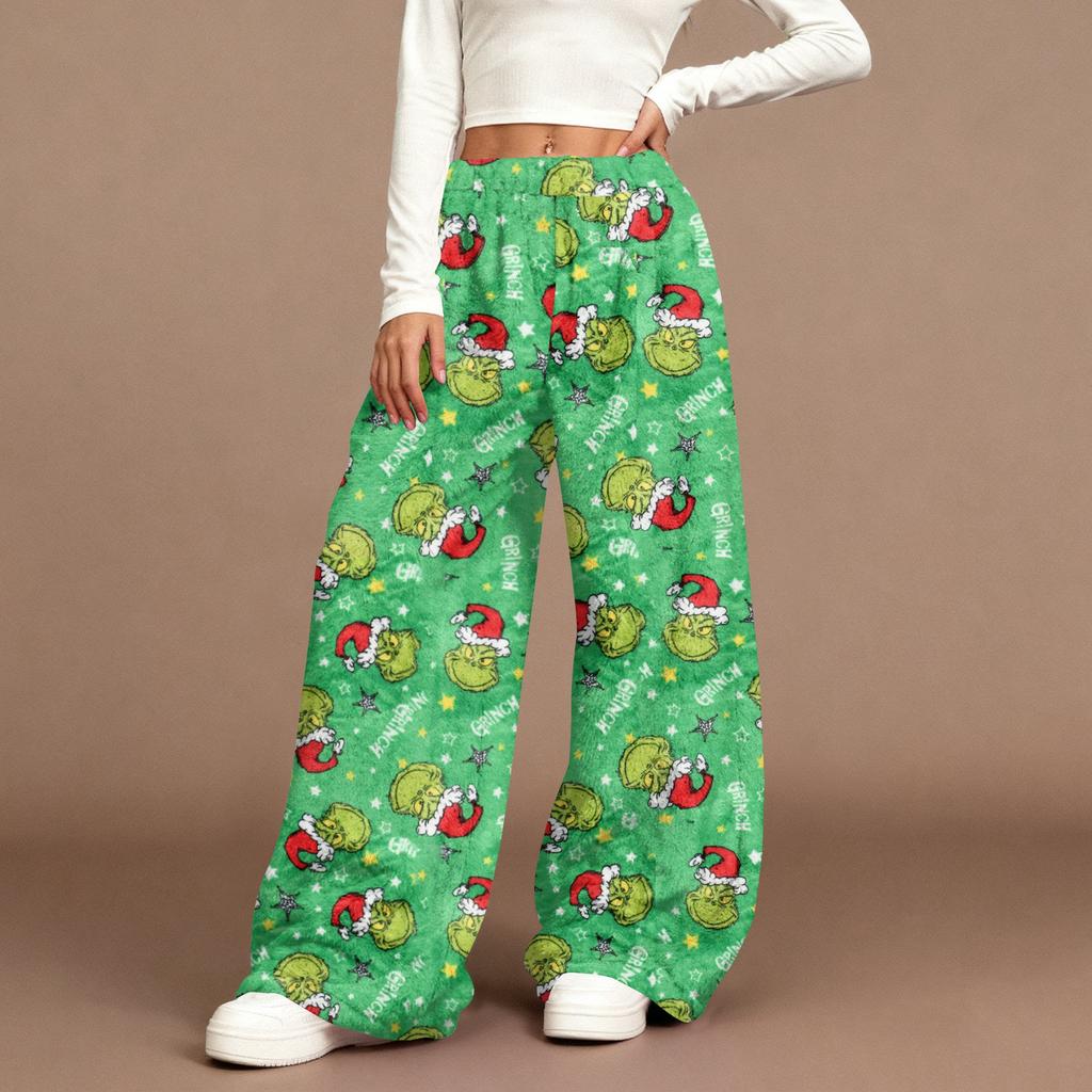 Women's Casual Fashion Christmas Print Elastic Waist Loose Plush Wide Leg Pants