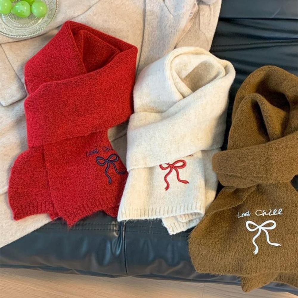 Bow Embroidered Scarf Thick Winter Wool Scarf Fashion Neckerchief Stylish Solid Color Scarf For Everyday Wear Gifts Winter Wear