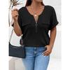 Einfarbiges Damen-T-Shirt mit Reißverschluss-Pullover, mit gefälschter Tasche, große Größe, kurze Ärmel, lockere Passform.
