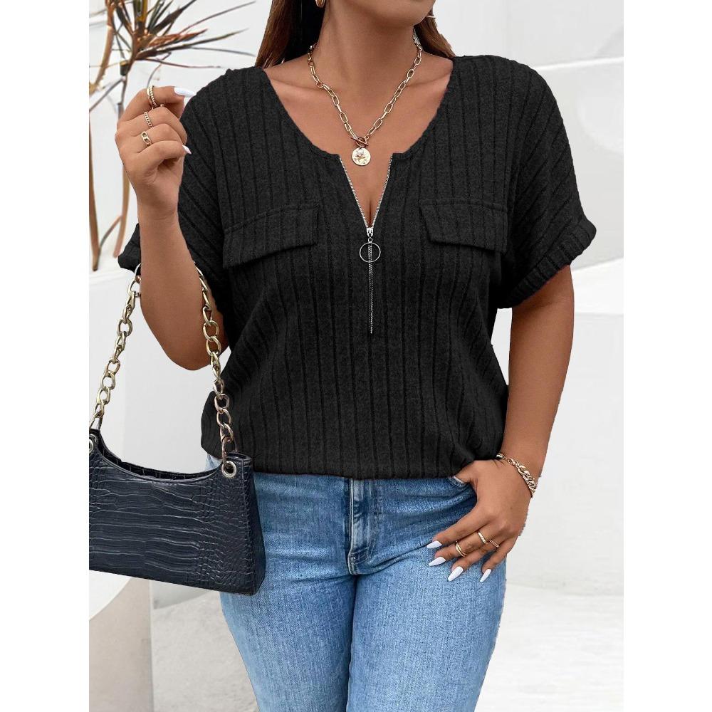 Einfarbiges Damen-T-Shirt mit Reißverschluss-Pullover, mit gefälschter Tasche, große Größe, kurze Ärmel, lockere Passform.