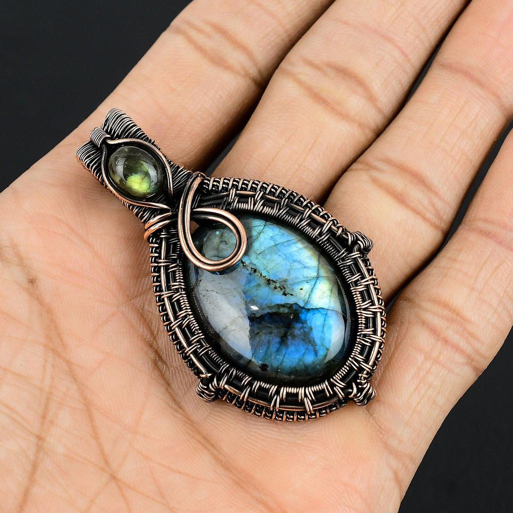 Labradorite Pendant, Handmade Gemstone 999 Copper Wire Wrapped Pendant Antique Jewelry, For Gift Silver Jewelry