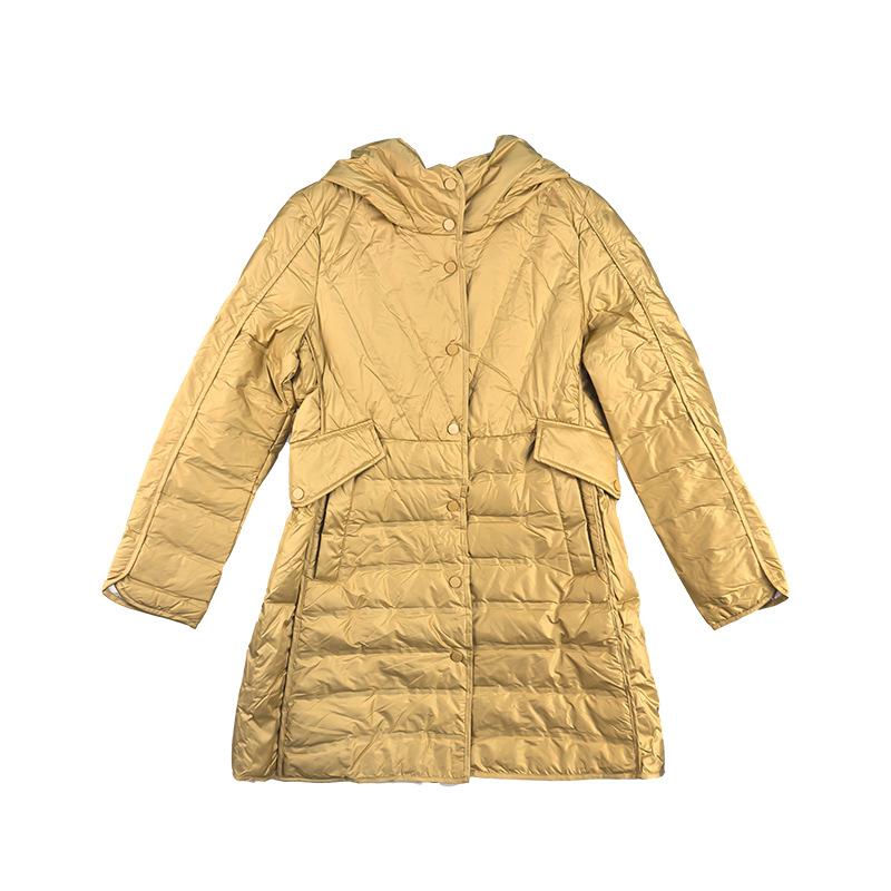 

New autumn and winter medium and long home leisure down jacket waist hooded belt white duck down puff jacket S