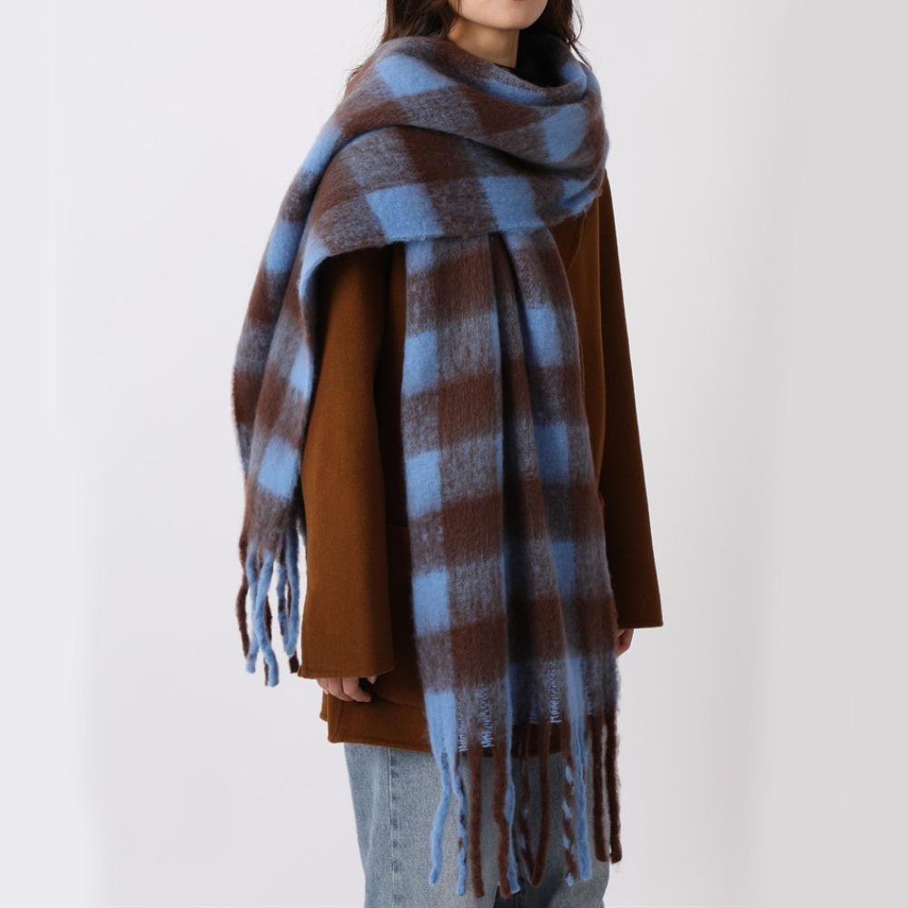 Tassel Plaid Wool Scarf Plush Long Shawl Retro Winter Cashmere Scarves  Autumn Winter