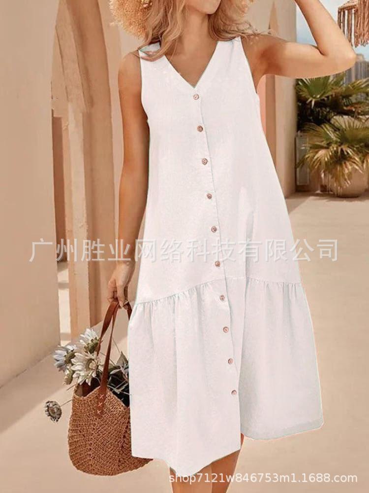 2025 new sleeveless V-neck button ruffle edge dress for women, simple and fashionable medium and long dress, Amazon S