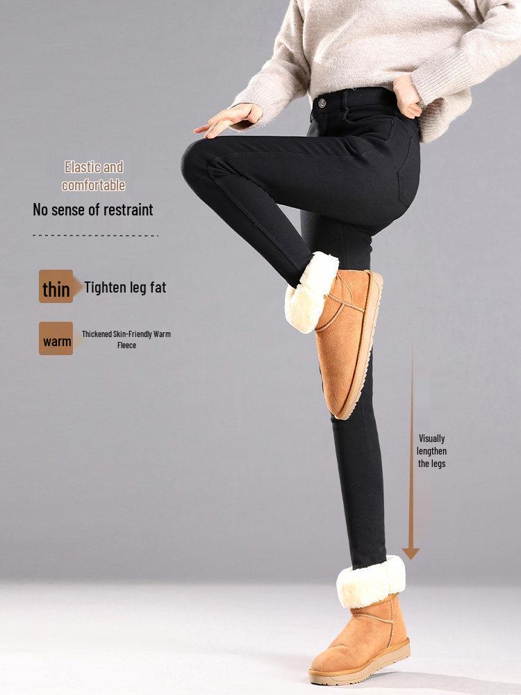 Women's High-Waisted Fleece-Lined Black Leggings, Autumn/Winter 2025, Stretchy, Slim-Fit Pencil Pants