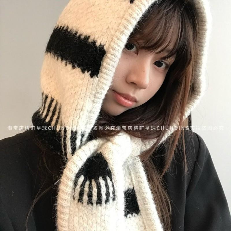 Korean Chic Knit Balaclava Hat With Wool Blend Warm Ear Protection Scarf Women Winter