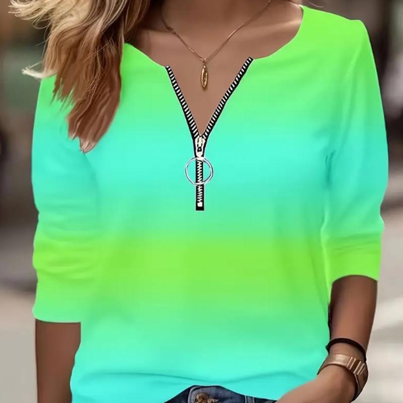 

Женские осенние градиентные цветные блокирующие футболки с длинным рукавом, свободные футболки с V-образным вырезом больших размеров, удобные блузки