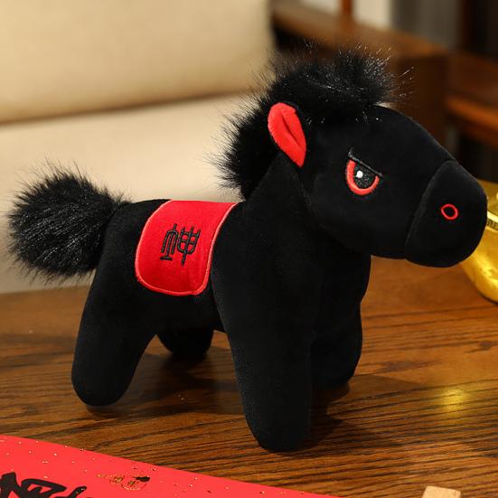 Black Horse Plush Toy Zodiac Year of The Horse Mascot Lucky Ornament Soft Stuffed Animal Doll  Home Decor Car Decoration