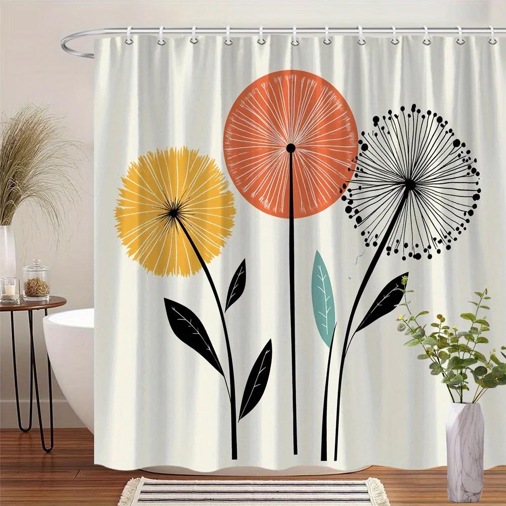 

Modern Dandelion Shower Curtain, Minimalist Orange-Yellow-Black Design, Beige Background, Polyester, Contemporary Bath Decor W60H190(CM)-1 Pcs