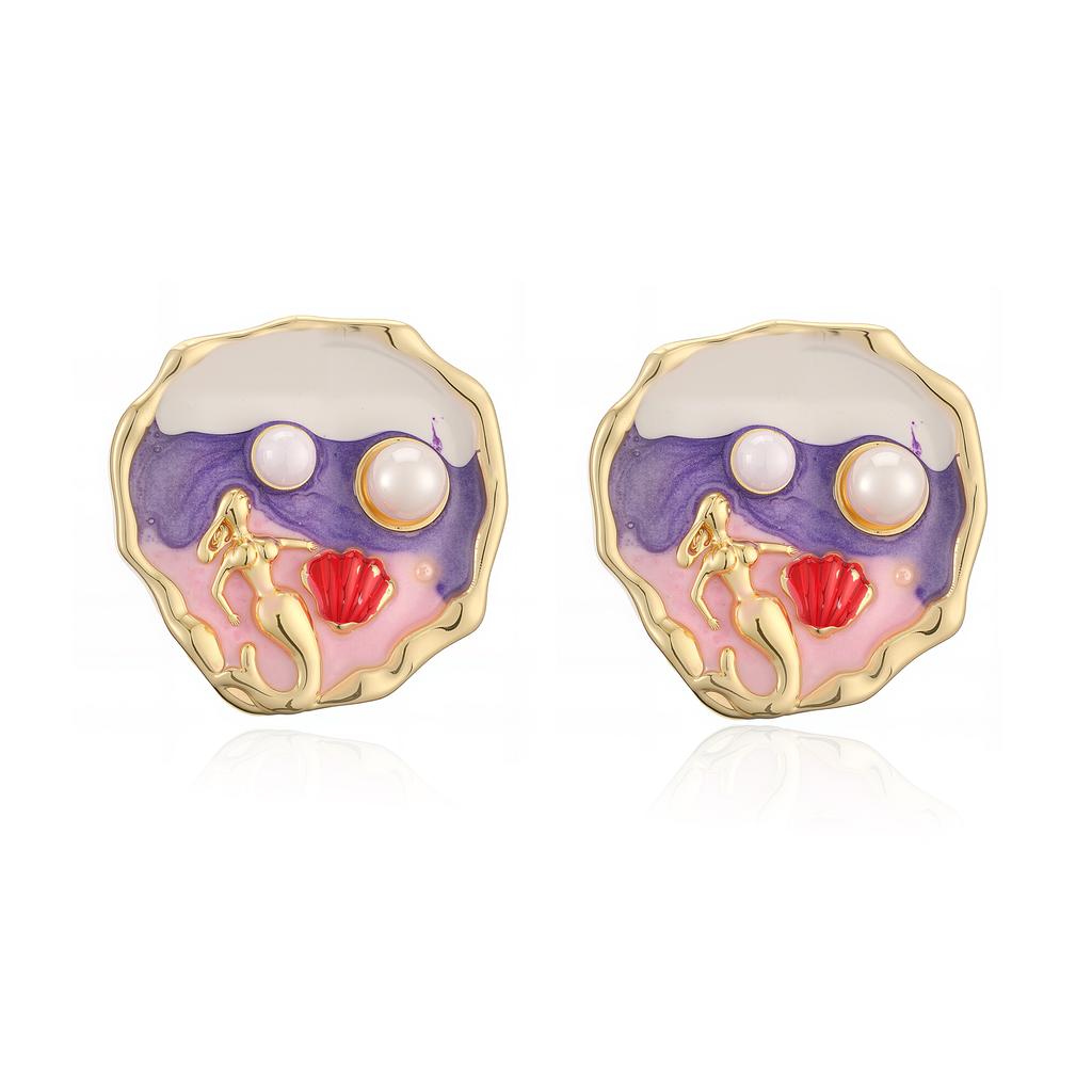 HECHENG, Oil Painting Style Jewellery Pearl Shell Ocean Mermaid Earrings Sweet Vintage Accessories 1 Pair