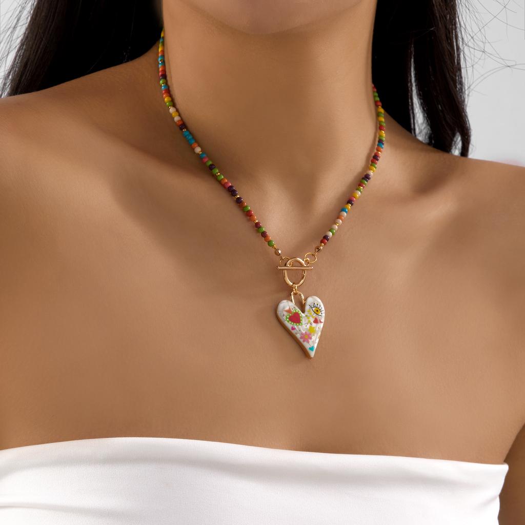 Vintage Mystical Evil Eye Necklace for Women Bohemian Rice Pearl Rhinestone Heart Pendant Necklace Party Jewellery Accessories